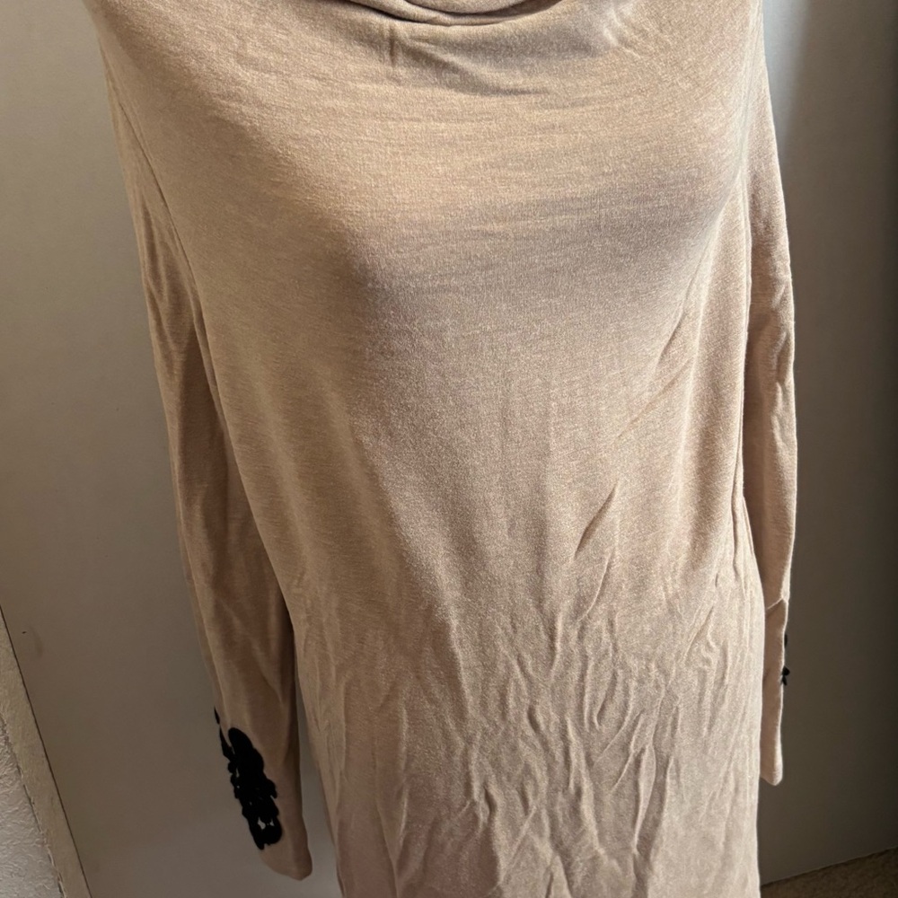 Beige Cowl Neck Sweater with Black Accents